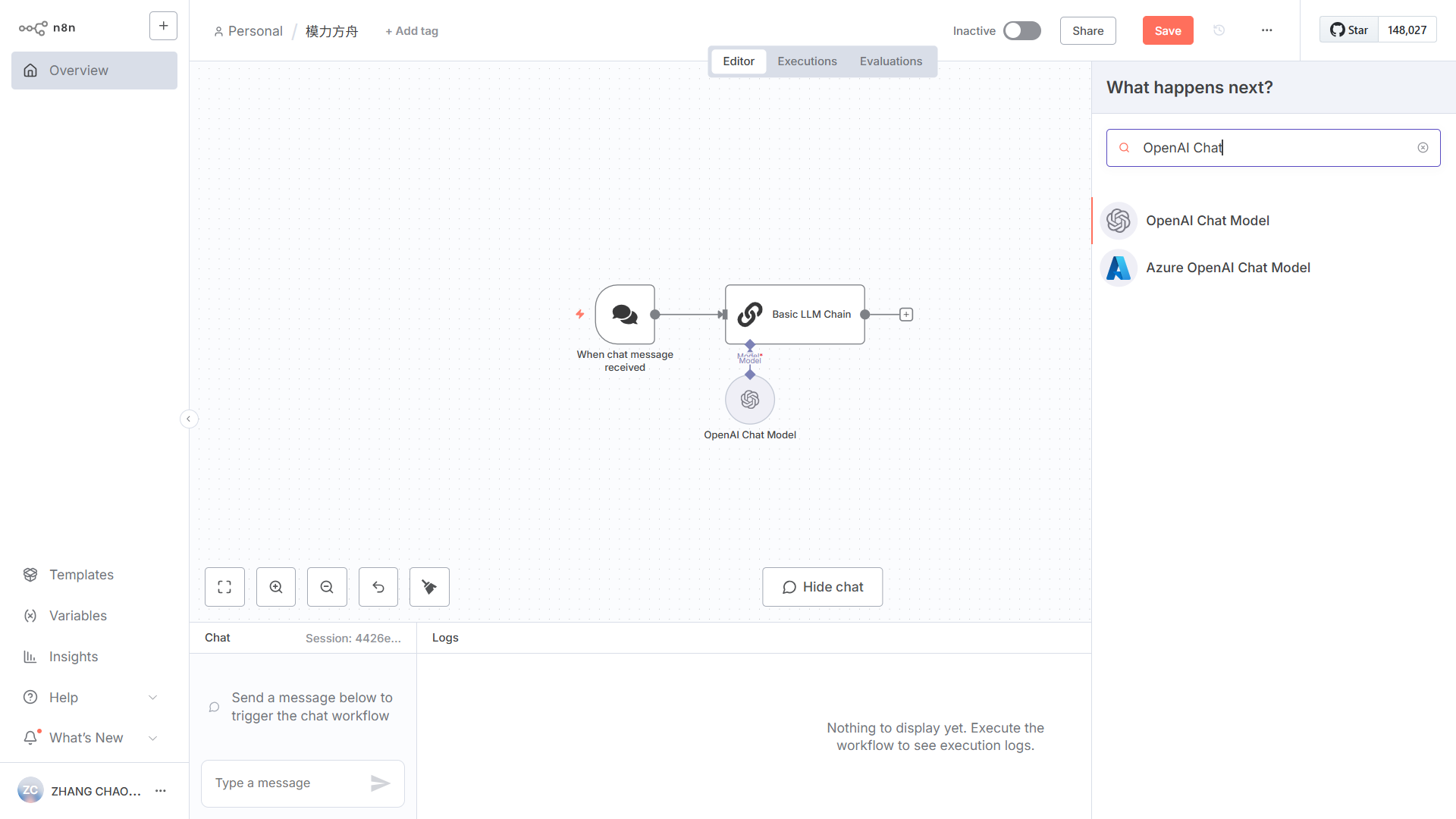Select the OpenAI Chat Model node