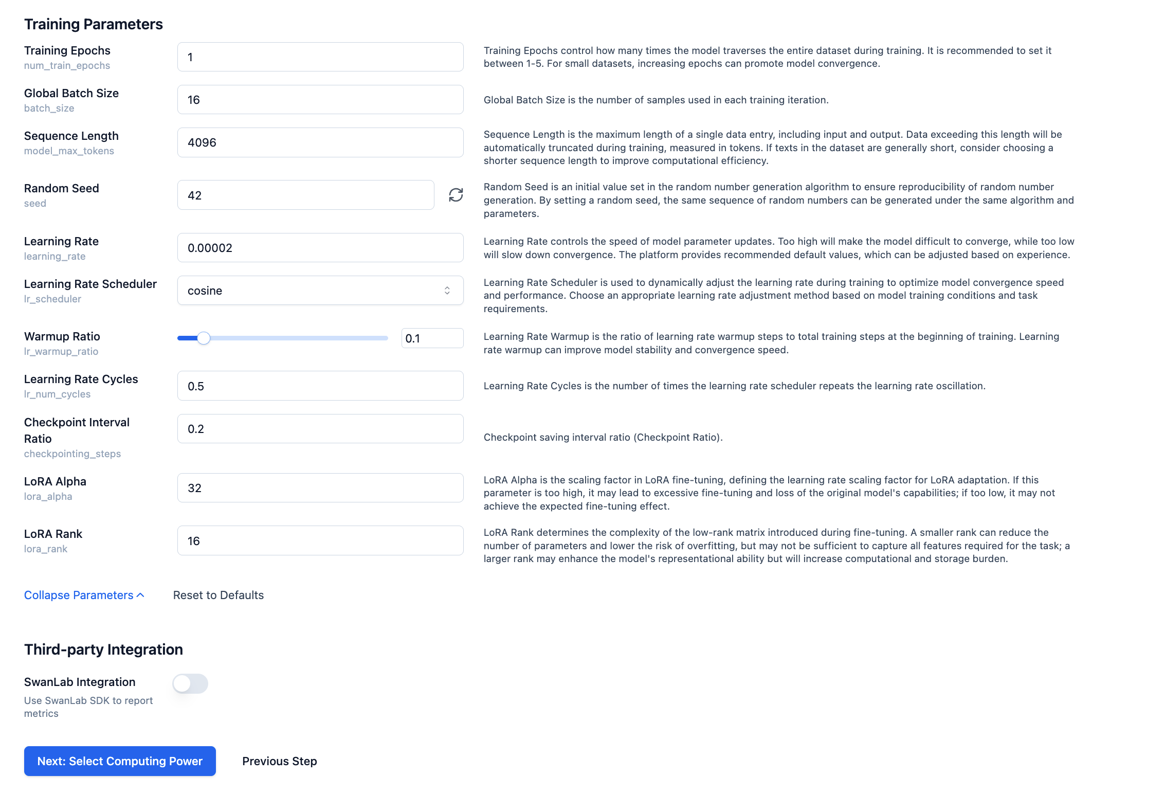 Training Parameter Configuration